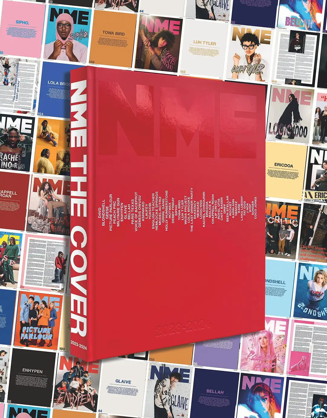 NME The Cover book in red, set against a wall of NME magazine covers